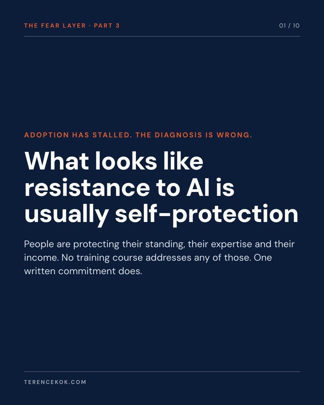 Carousel slide 1: cover, what looks like resistance to AI is usually self-protection