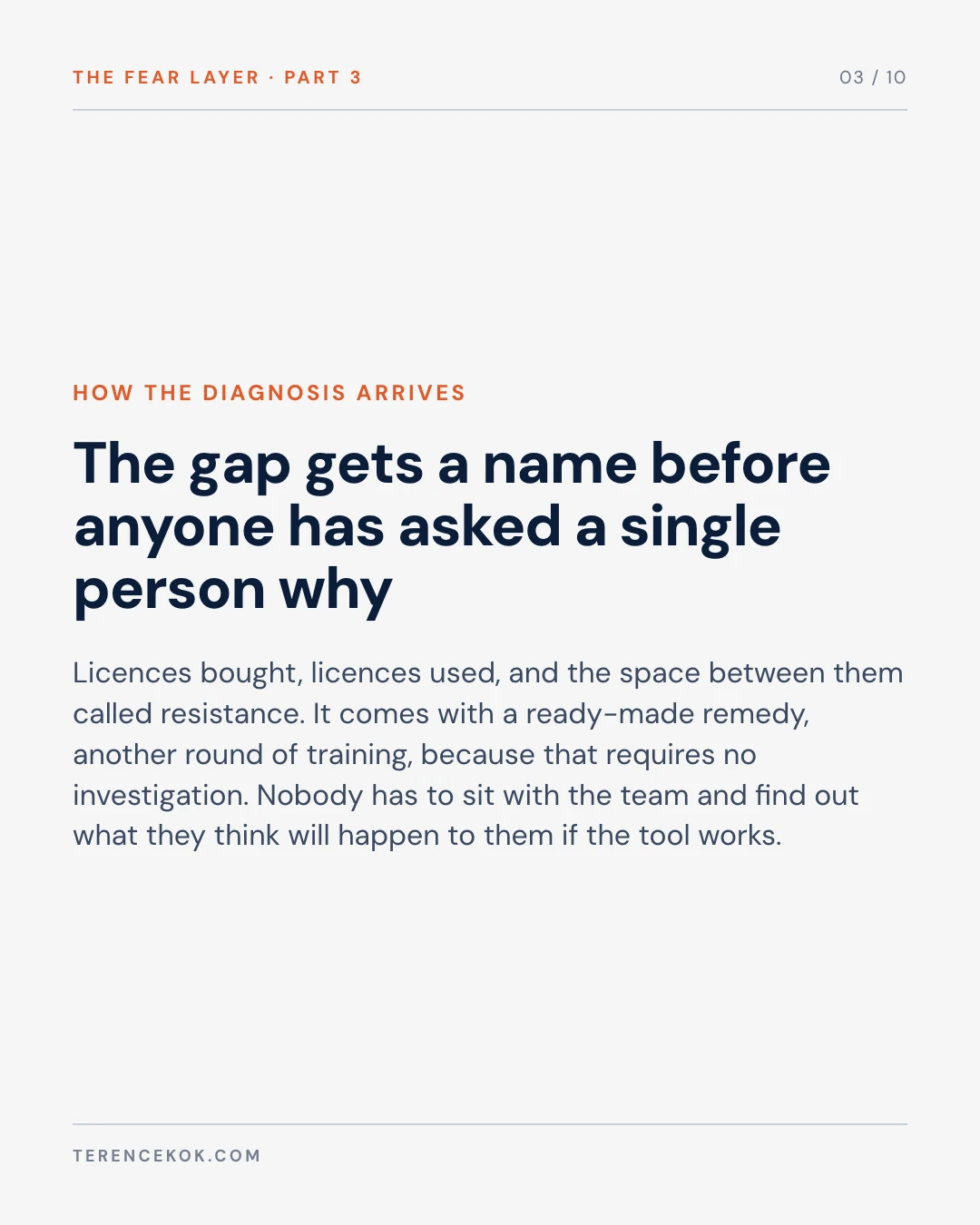 Carousel slide 3: the diagnosis arrives before anyone has watched the behaviour