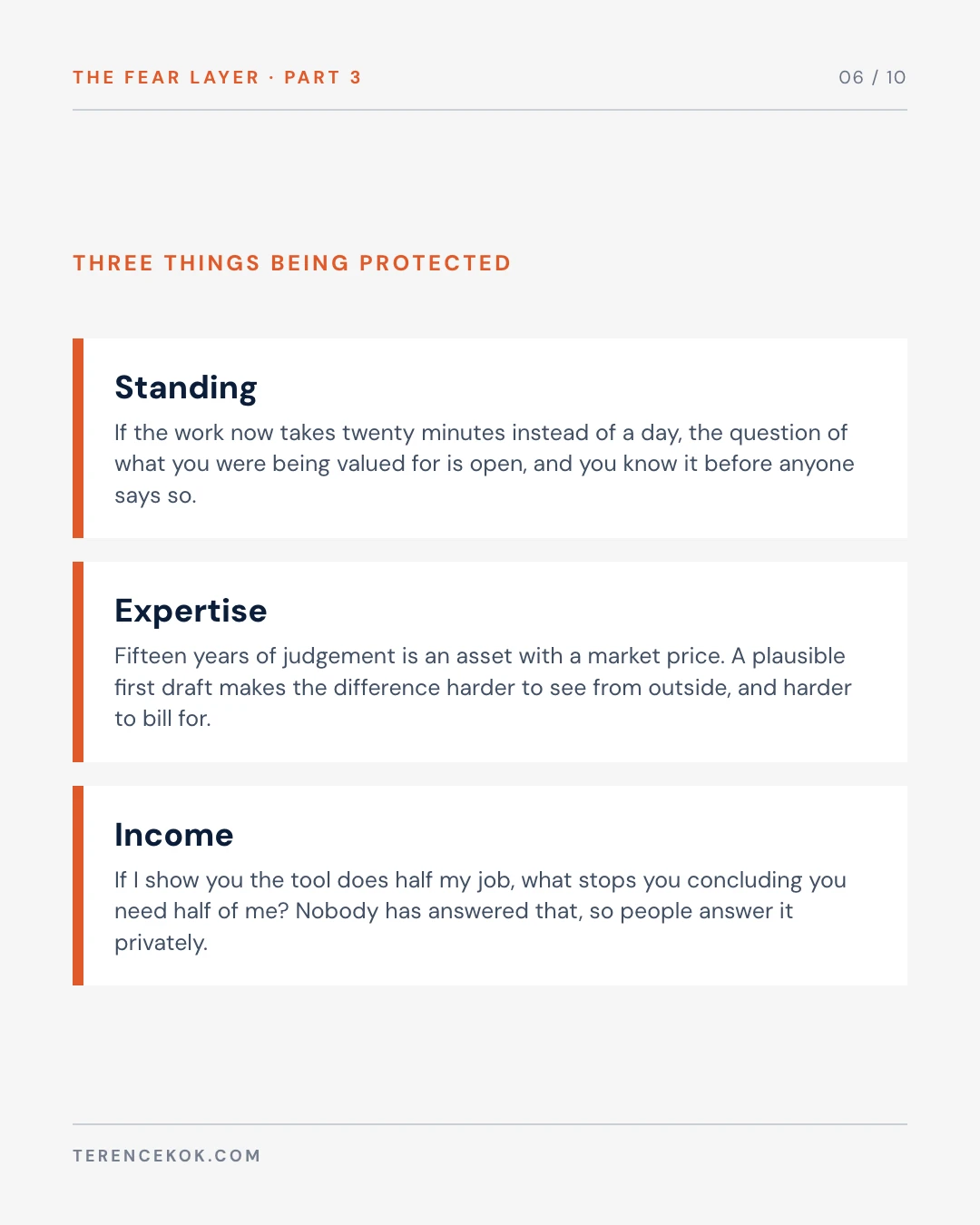 Carousel slide 6: three things being protected, standing, expertise and income