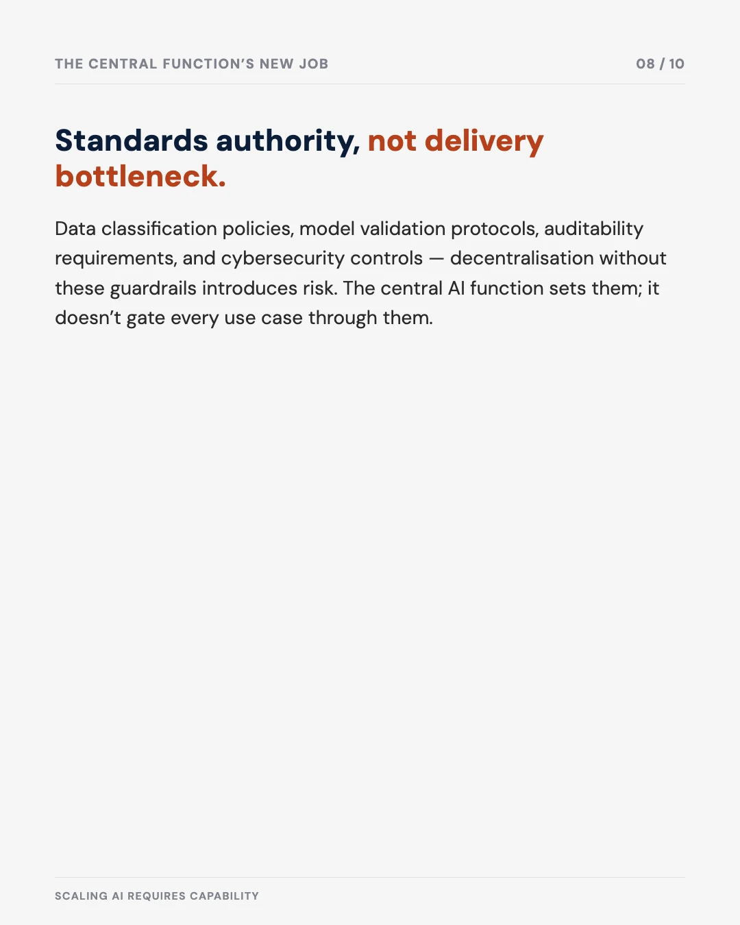 Carousel slide 8: the central function's new job is standards, not delivery