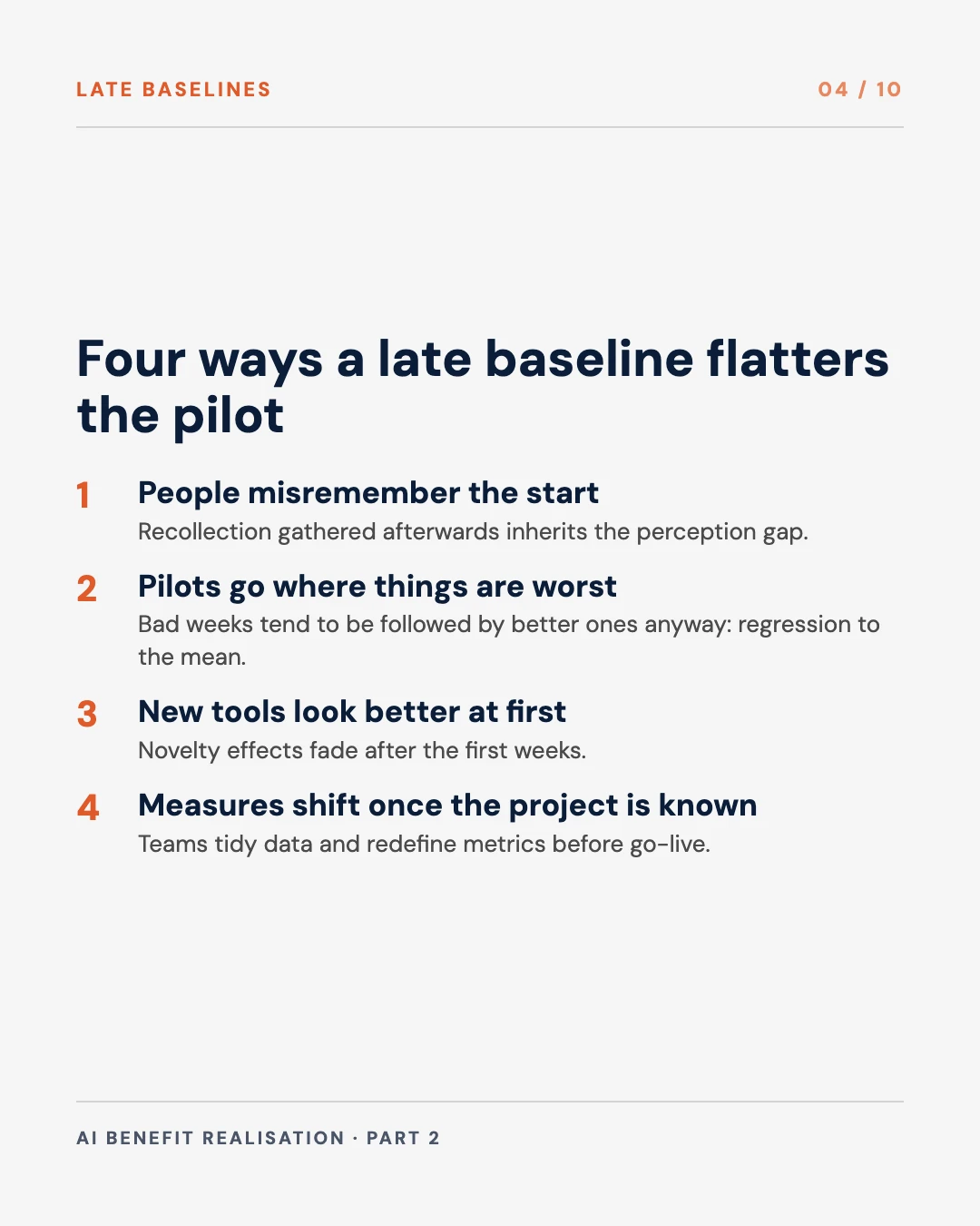 Carousel slide 4: four ways a late baseline flatters a pilot