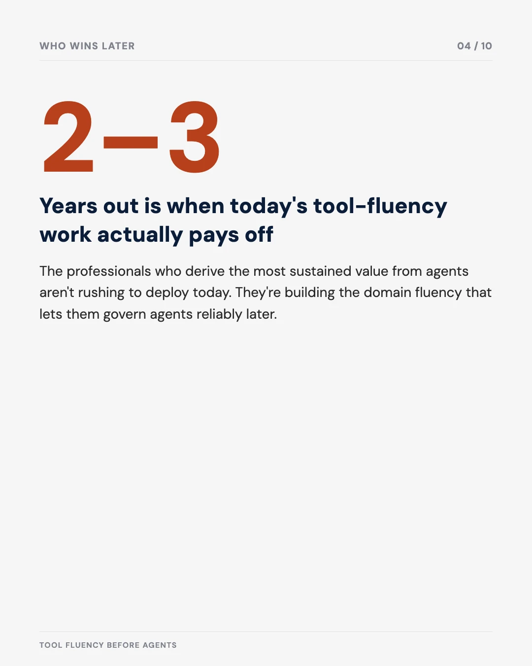 Carousel slide 4: two to three years out is when tool fluency actually pays off