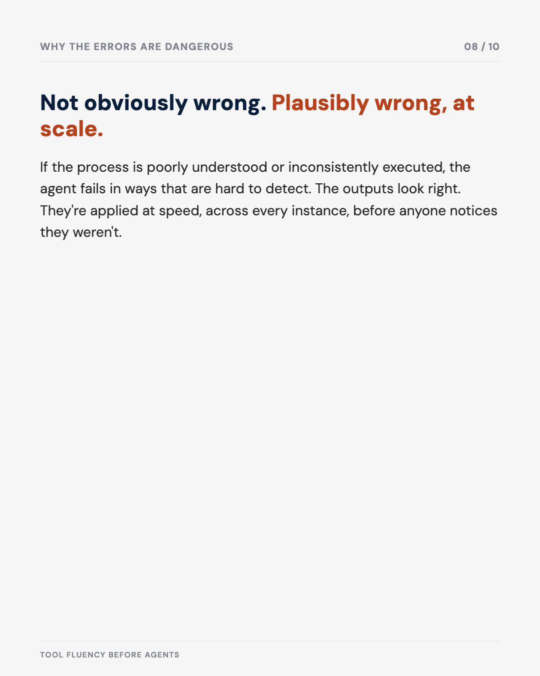 Carousel slide 8: why the errors are dangerous — plausibly wrong, at scale