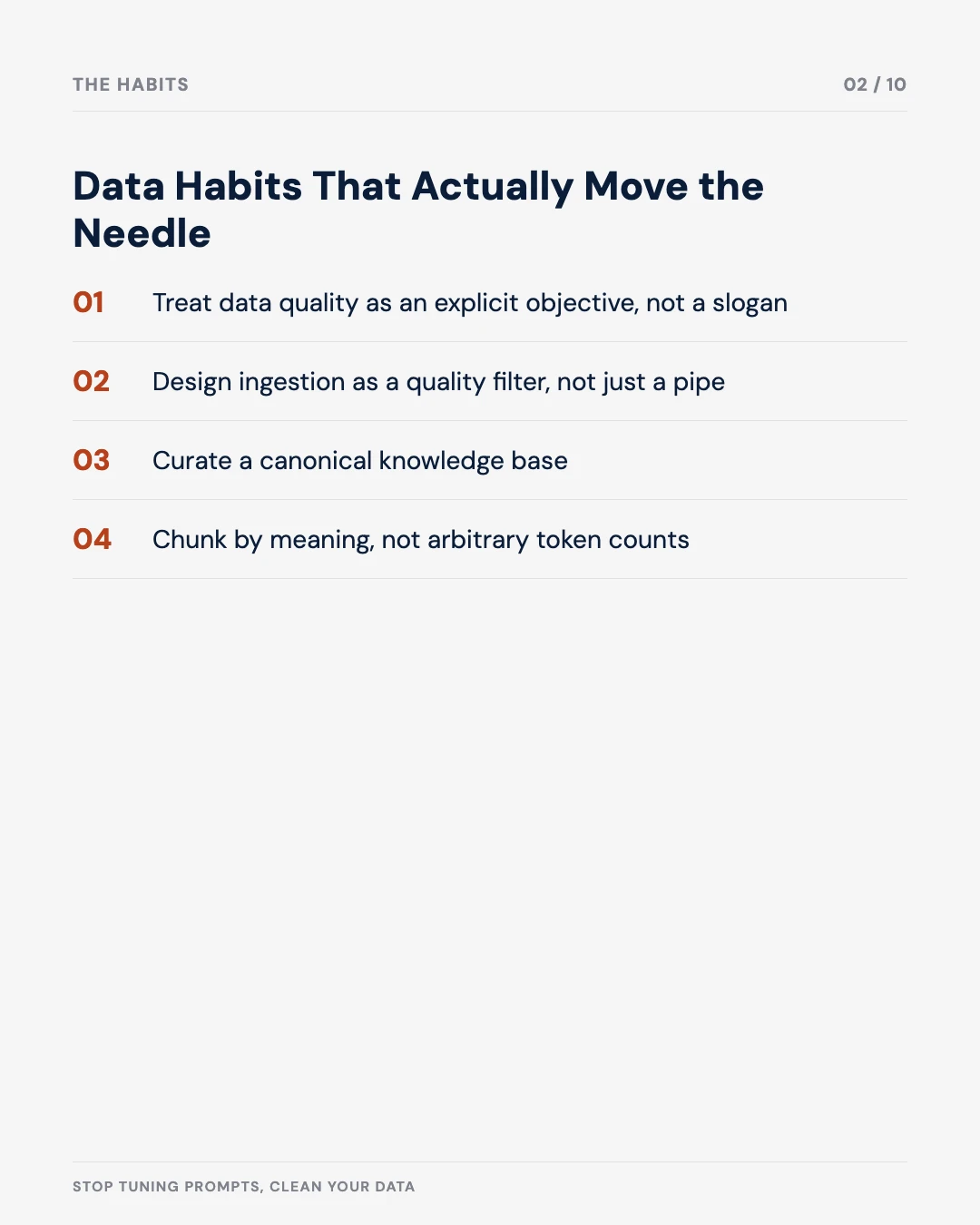 Carousel slide 2: data habits that actually move the needle for LLMs and RAG