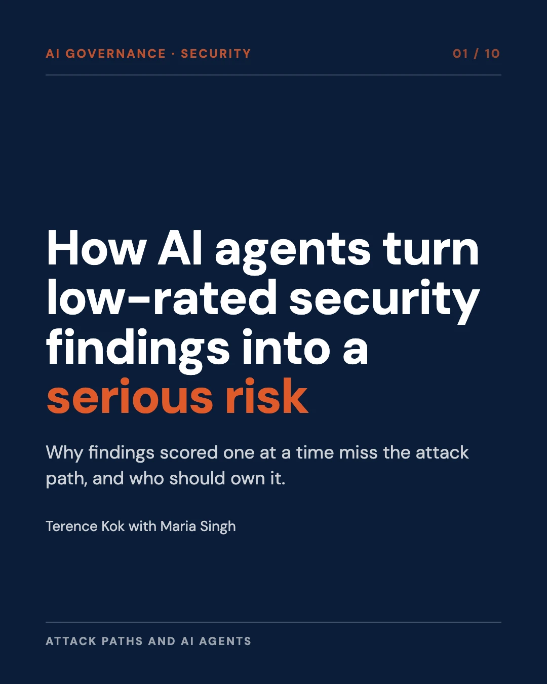 Carousel slide 1: cover, how AI agents turn low-rated security findings into a serious risk