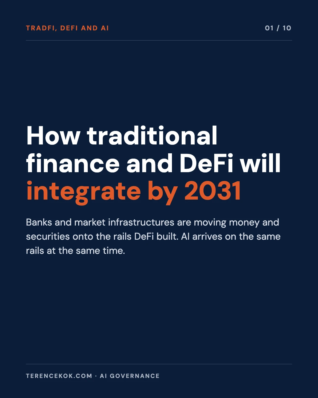 Carousel slide 1: cover, how traditional finance and DeFi will integrate by 2031 and where AI fits