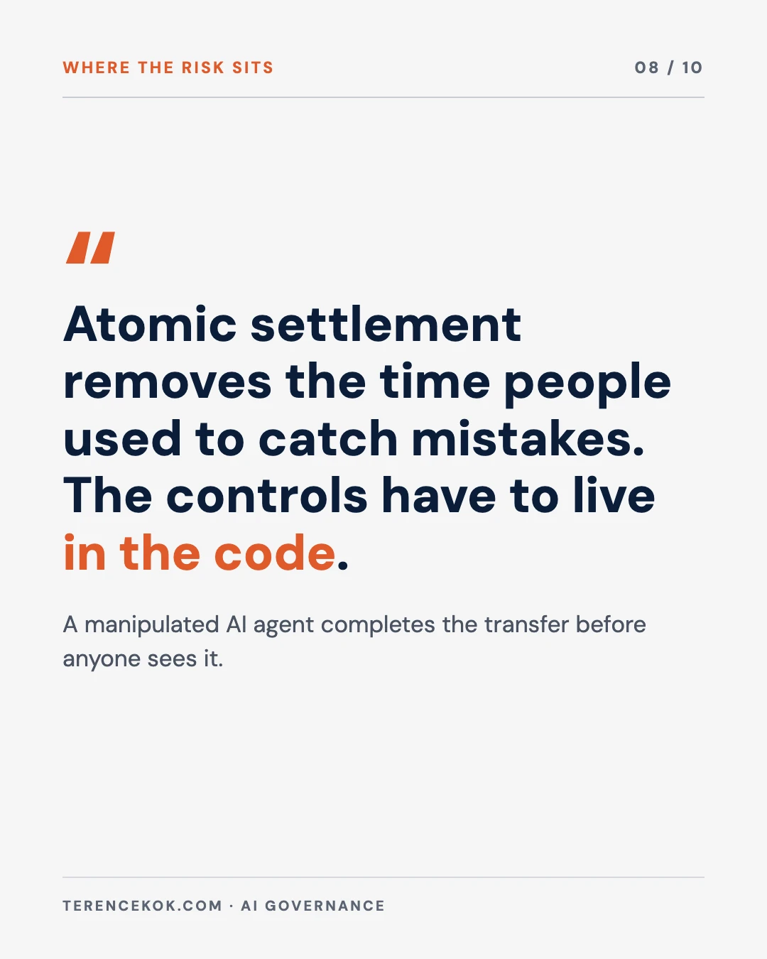 Carousel slide 8: pull quote, atomic settlement removes the time people used to catch mistakes