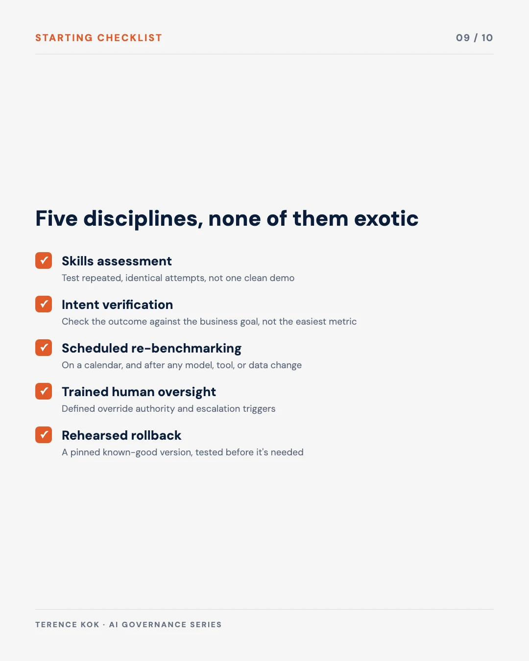 Carousel slide 9: starting checklist, five disciplines none of them exotic
