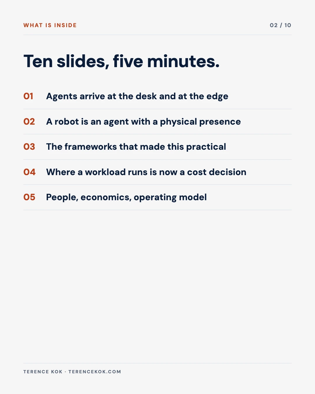 Carousel slide 2: agenda, agents at the desk and at the edge, a robot is an agent with a physical presence, the frameworks that made this practical, workload placement as a cost decision, people economics and operating model