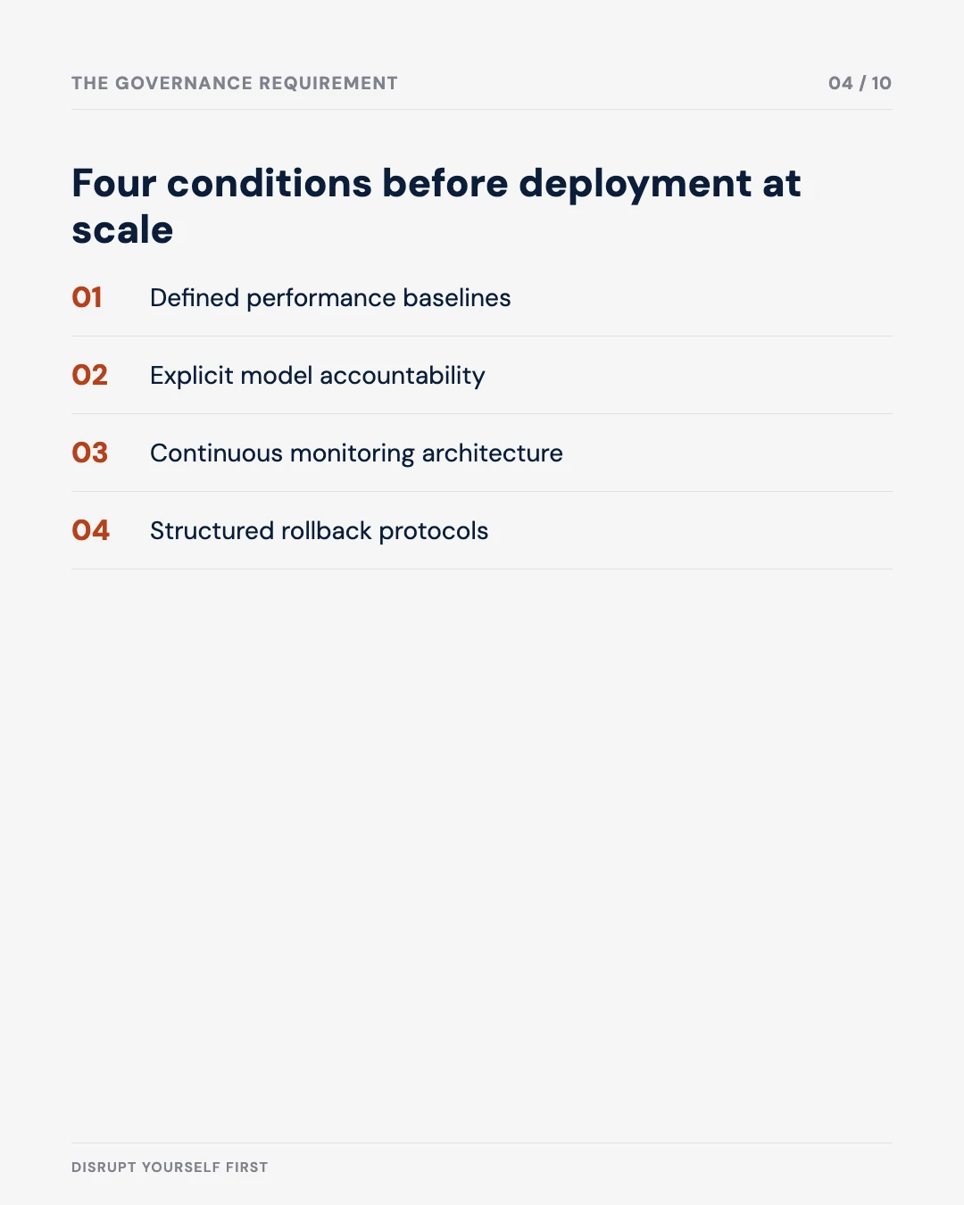 Carousel slide 4: four governance conditions before deployment at scale