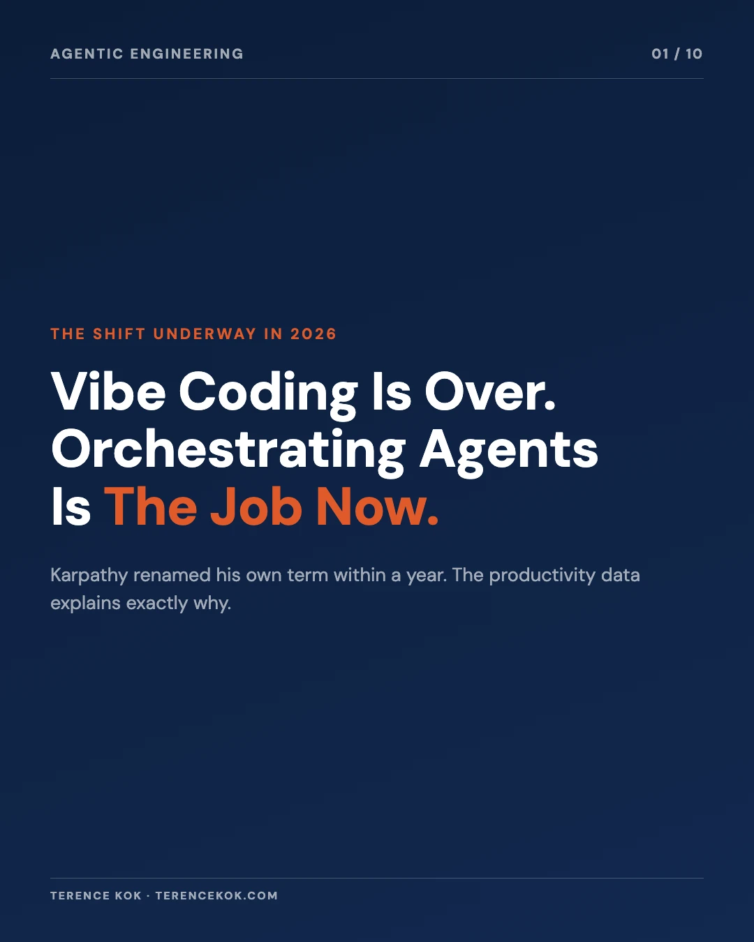 Carousel slide 1: cover, vibe coding is over, orchestrating agents is the job now