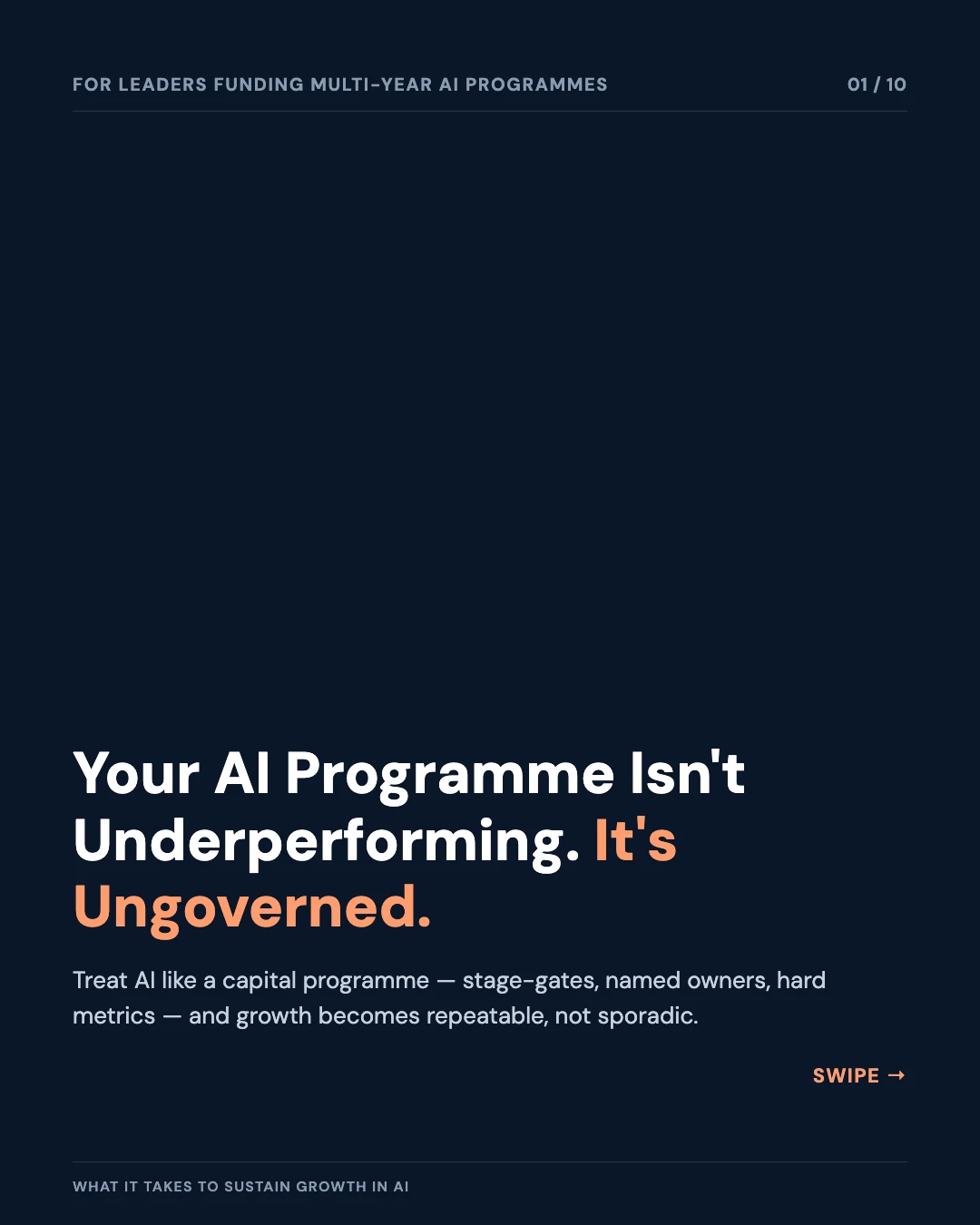 Carousel slide 1: cover — your AI programme isn't underperforming, it's ungoverned