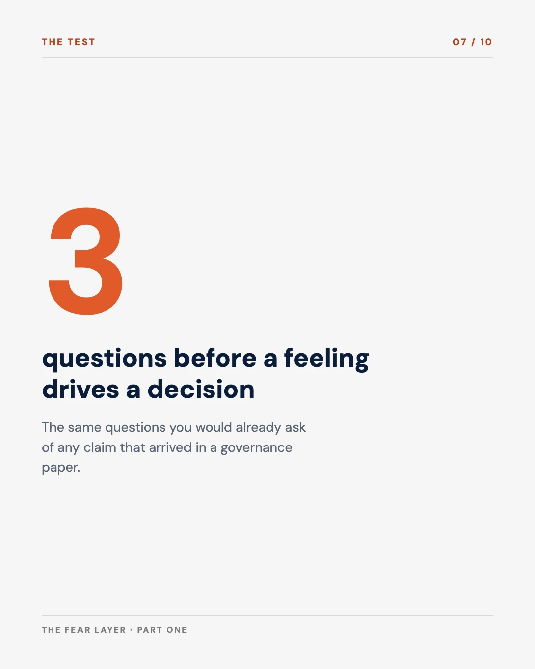Carousel slide 7: three questions before a feeling drives a decision