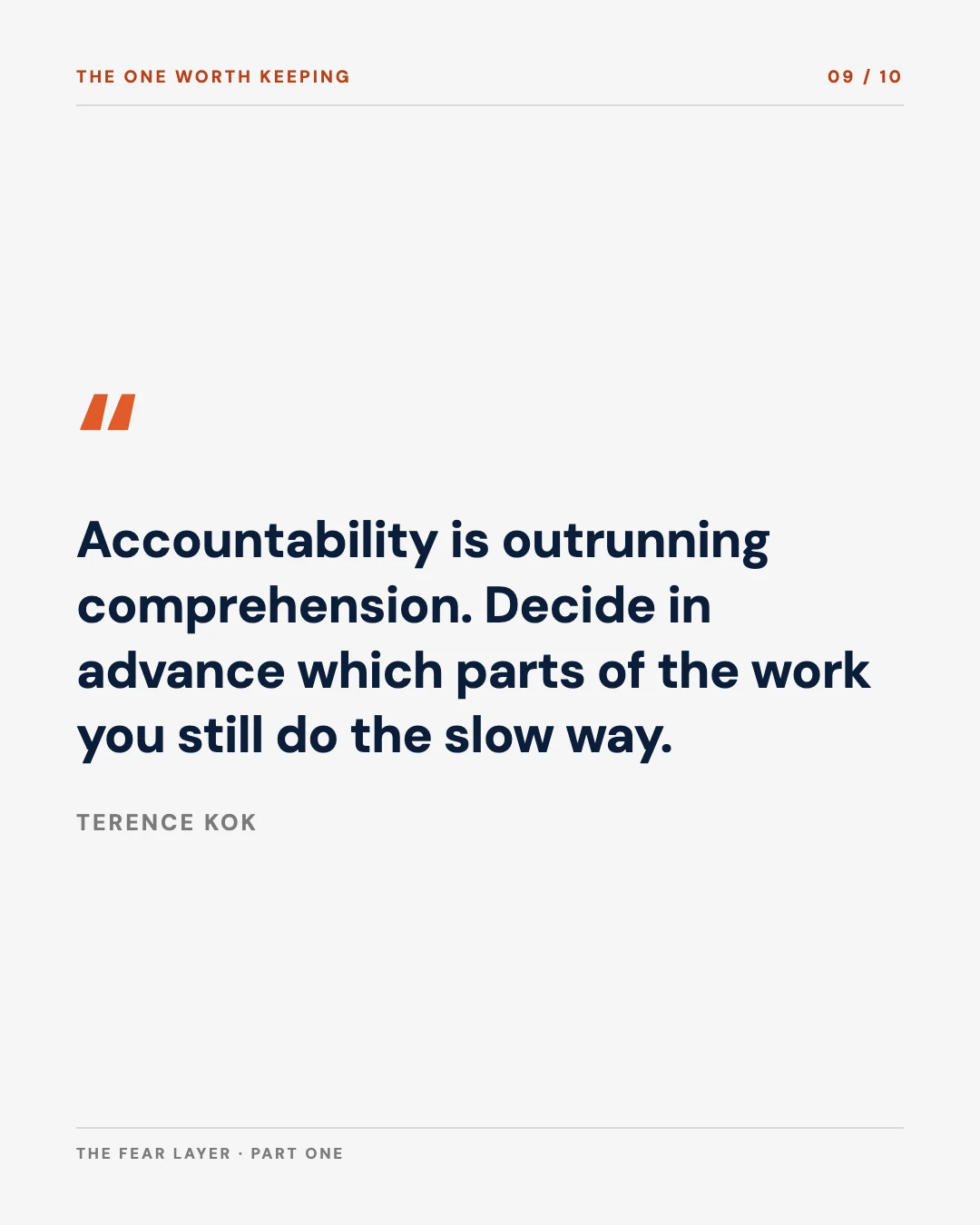 Carousel slide 9: pull quote on accountability outrunning comprehension