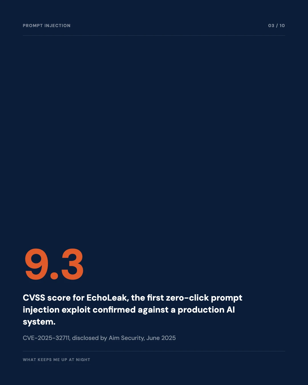 Carousel slide 3: EchoLeak scored 9.3 on CVSS, the first zero-click prompt injection exploit
