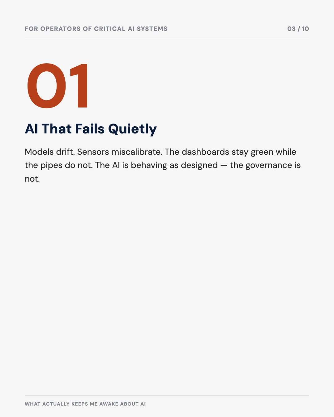 Carousel slide 3: AI that fails quietly — models drift, dashboards stay green while the pipes do not