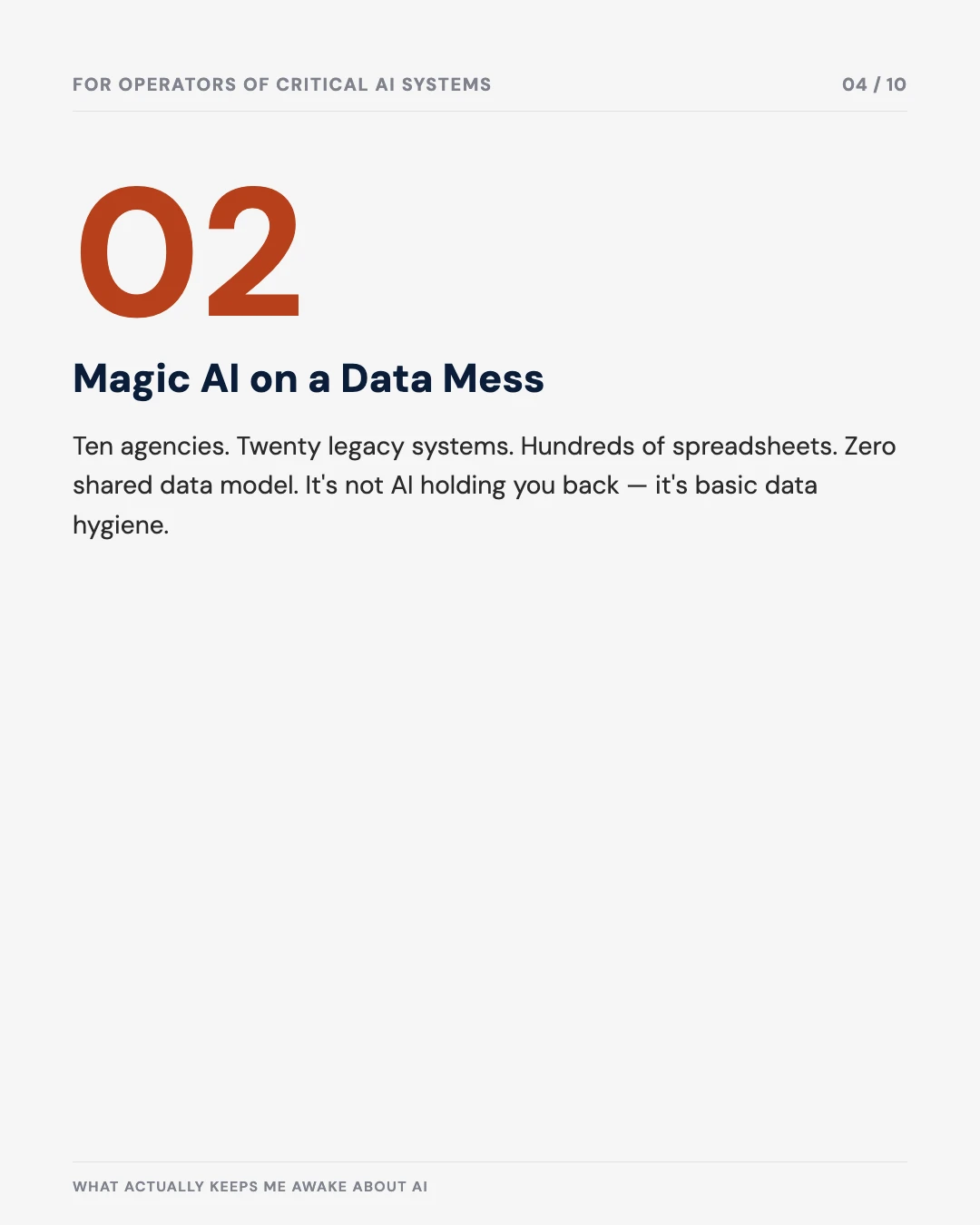 Carousel slide 4: magic AI on a data mess — ten agencies, twenty legacy systems, zero shared data model