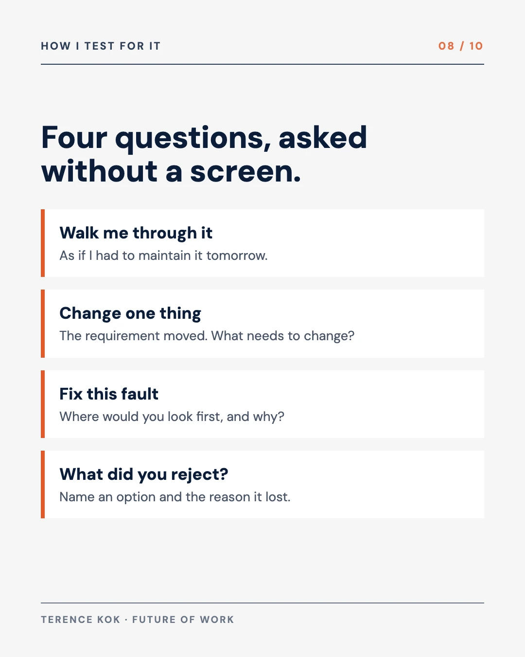 Carousel slide 8: four questions I ask, walk me through it, change one thing, fix this fault, what did you reject