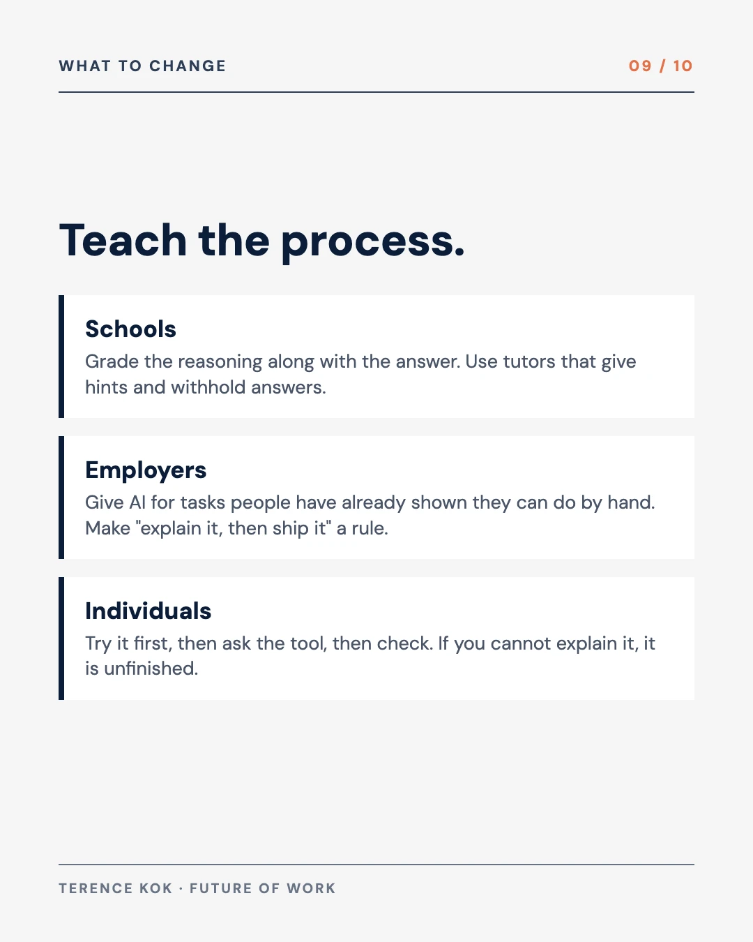 Carousel slide 9: what to change in teaching and in hiring, one line each
