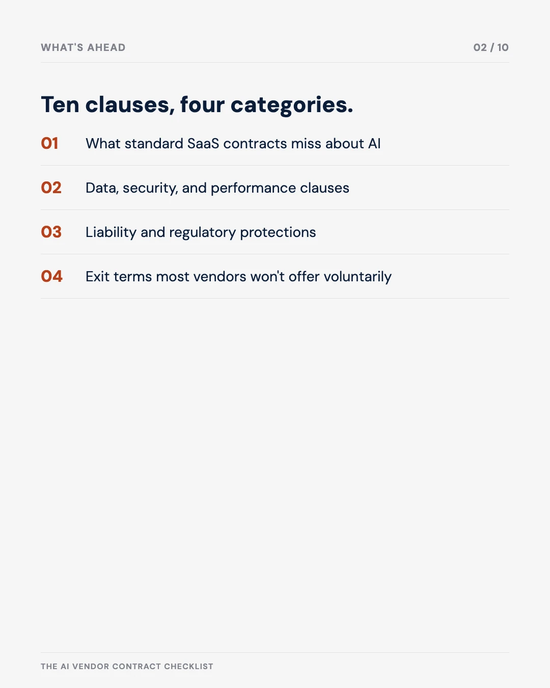Carousel slide 2: agenda — ten clauses across four categories