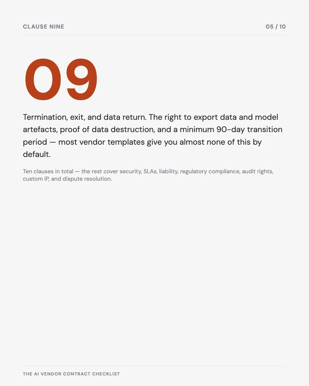 Carousel slide 5: clause nine — termination, exit, and data return