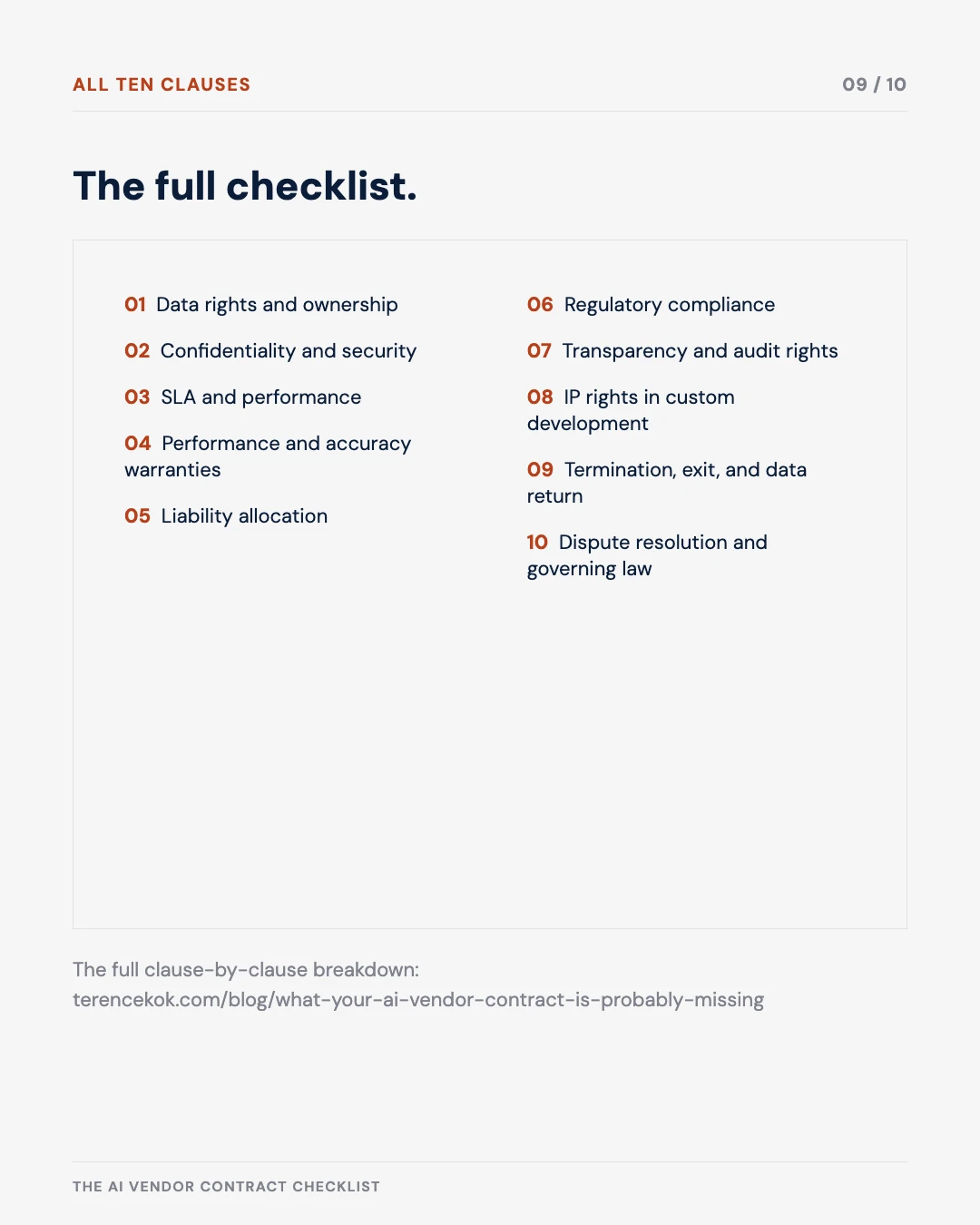 Carousel slide 9: the full checklist of all ten clauses