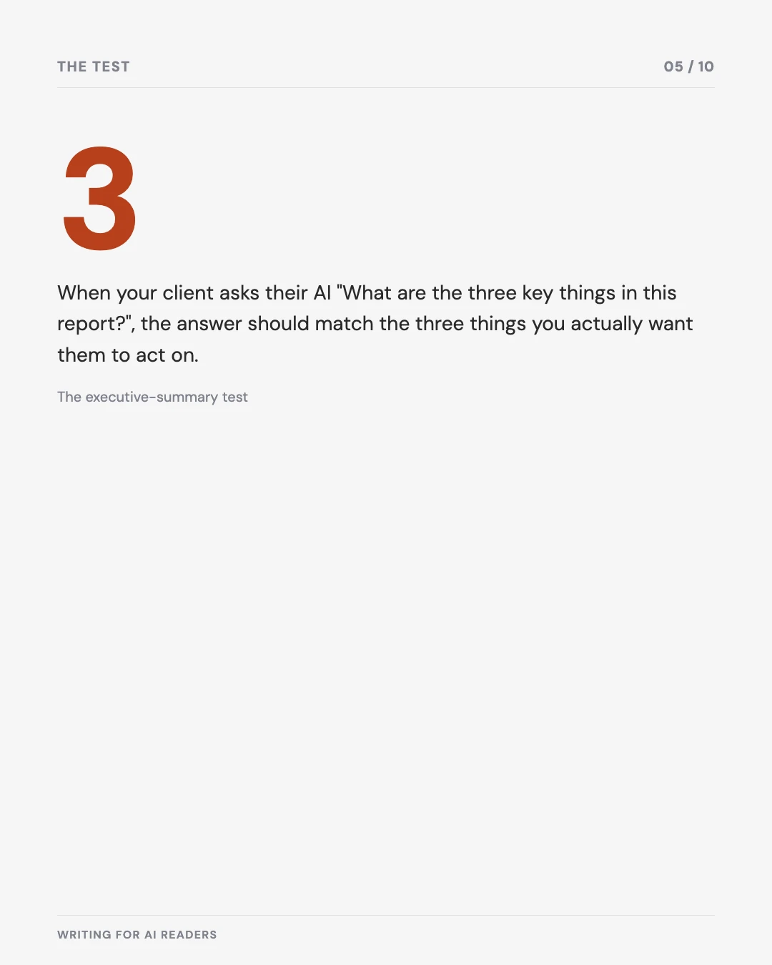 Carousel slide 5: the executive-summary test — the three things your client's AI surfaces should match the three things you want acted on