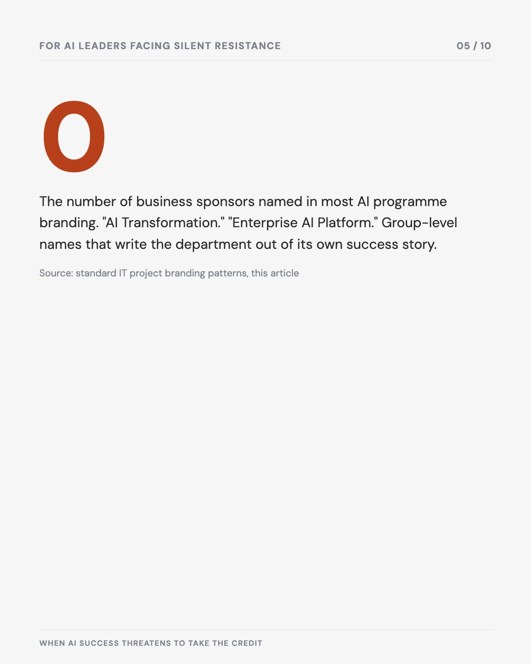 Carousel slide 5: zero business sponsors named in most AI programme branding
