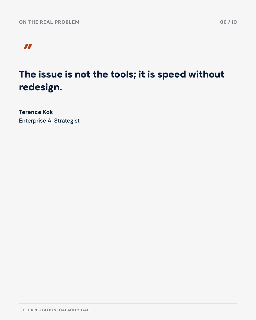 Carousel slide 6: quote — the issue is not the tools, it is speed without redesign