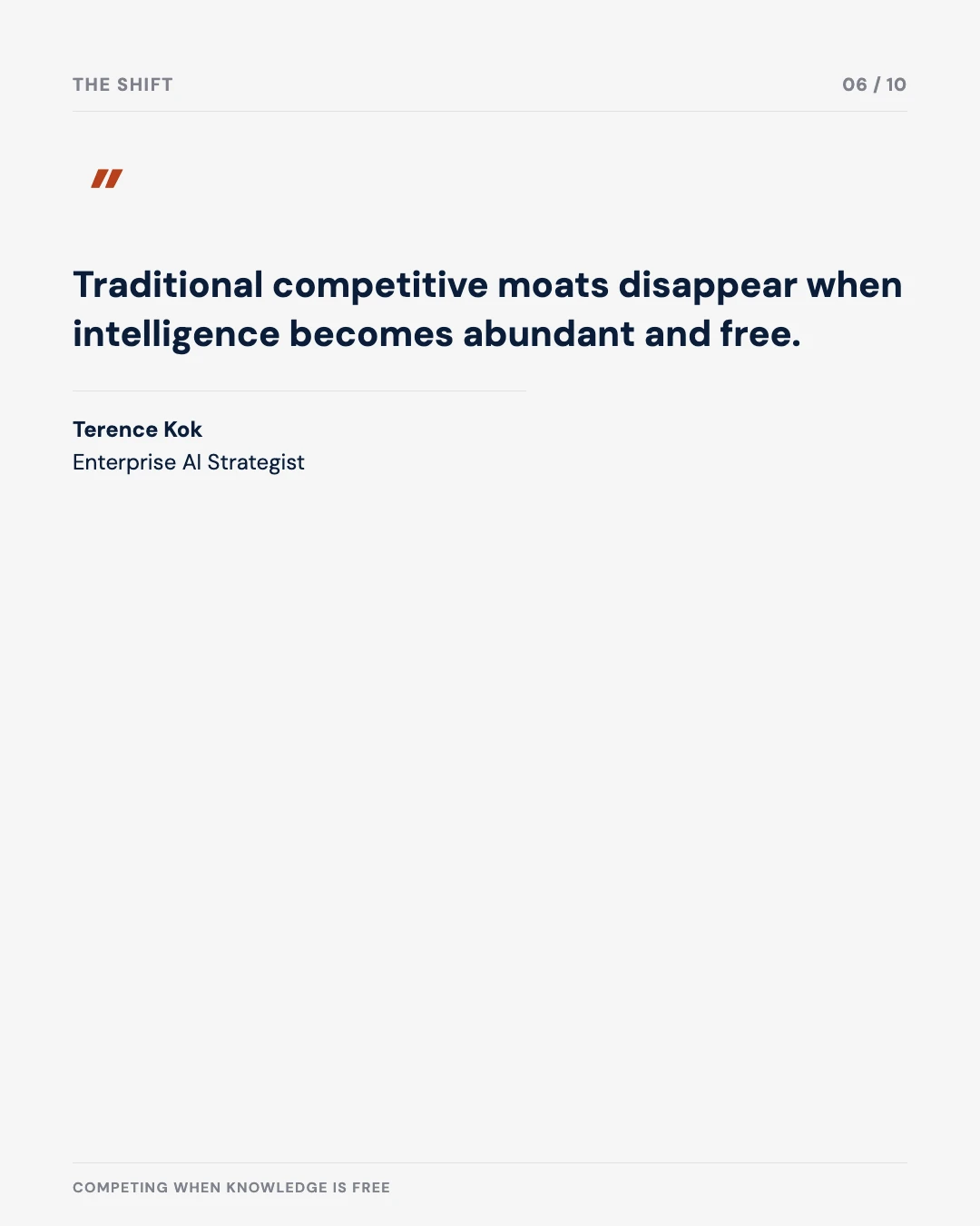 Carousel slide 6: quote — traditional competitive moats disappear when intelligence becomes abundant and free