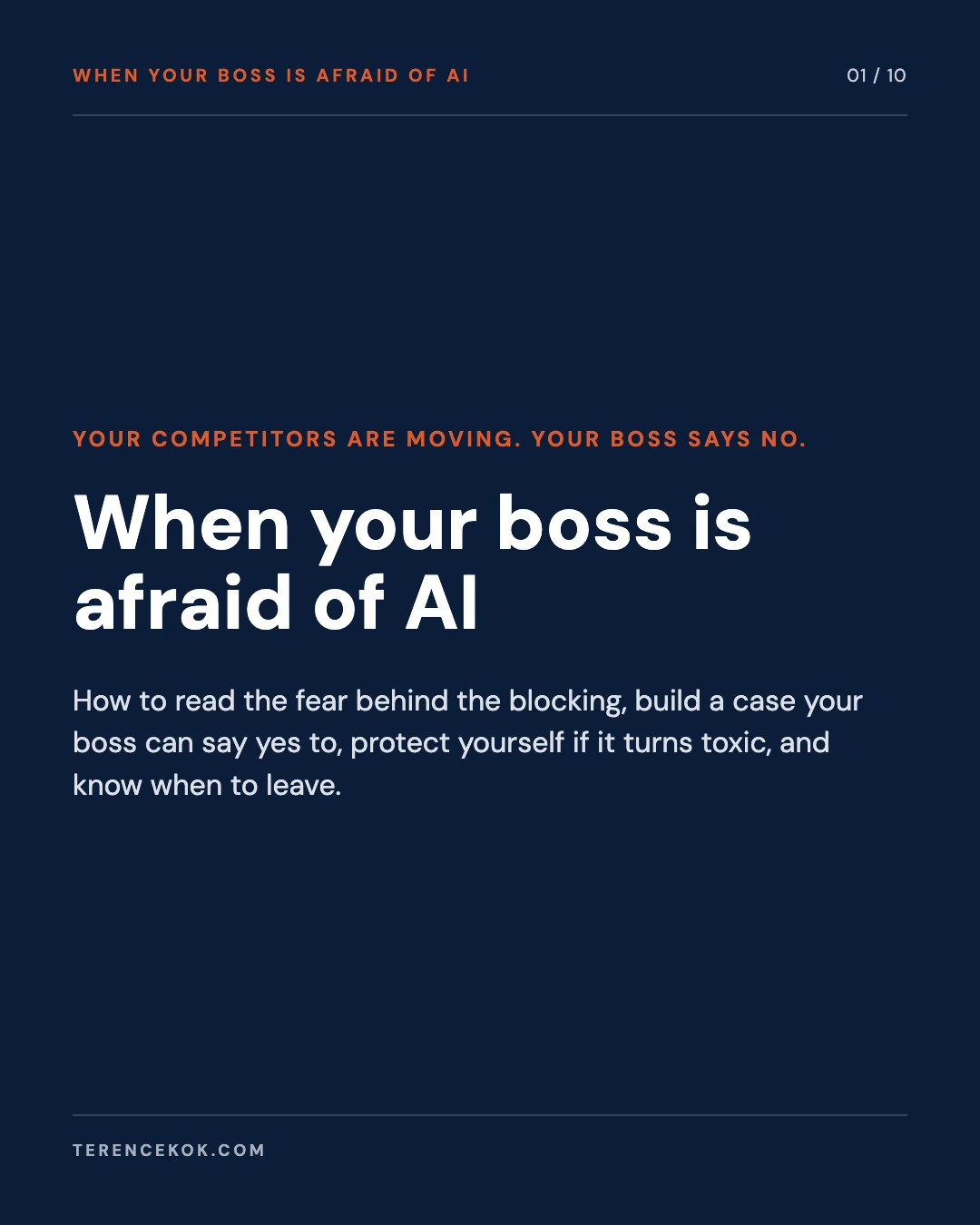 Carousel slide 1: cover, when your boss is afraid of AI, your competitors are moving and your boss says no