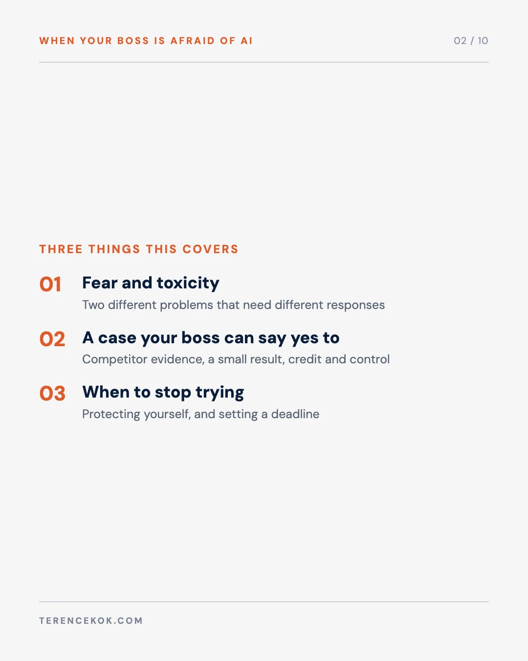 Carousel slide 2: agenda, three things this covers: fear and toxicity, a case your boss can say yes to, when to stop trying