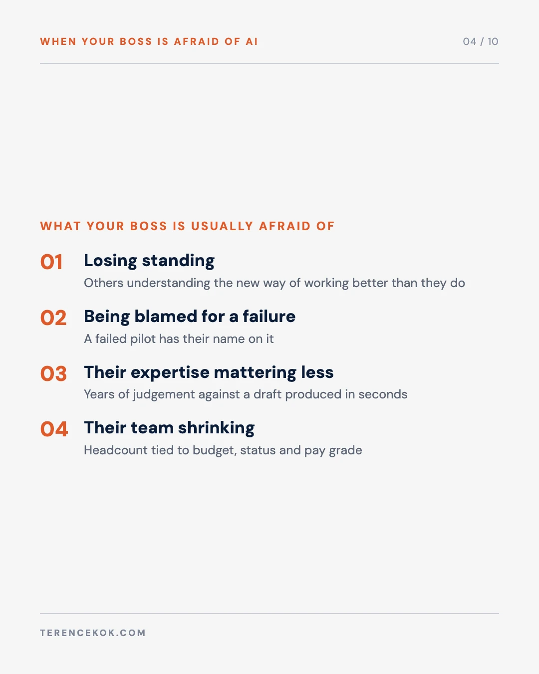 Carousel slide 4: four things your boss is usually afraid of: losing standing, being blamed, expertise mattering less, team shrinking