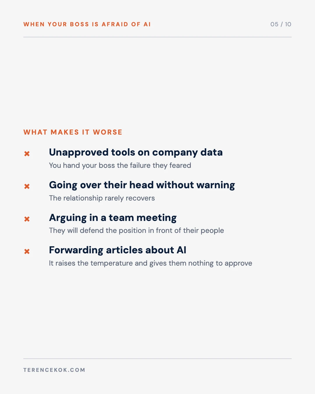 Carousel slide 5: four moves that make it worse, from unapproved tools on company data to forwarding articles