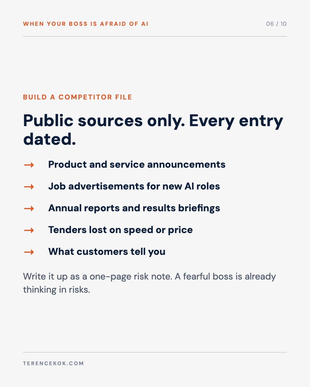 Carousel slide 6: build a competitor file from five public sources and write it up as a one-page risk note