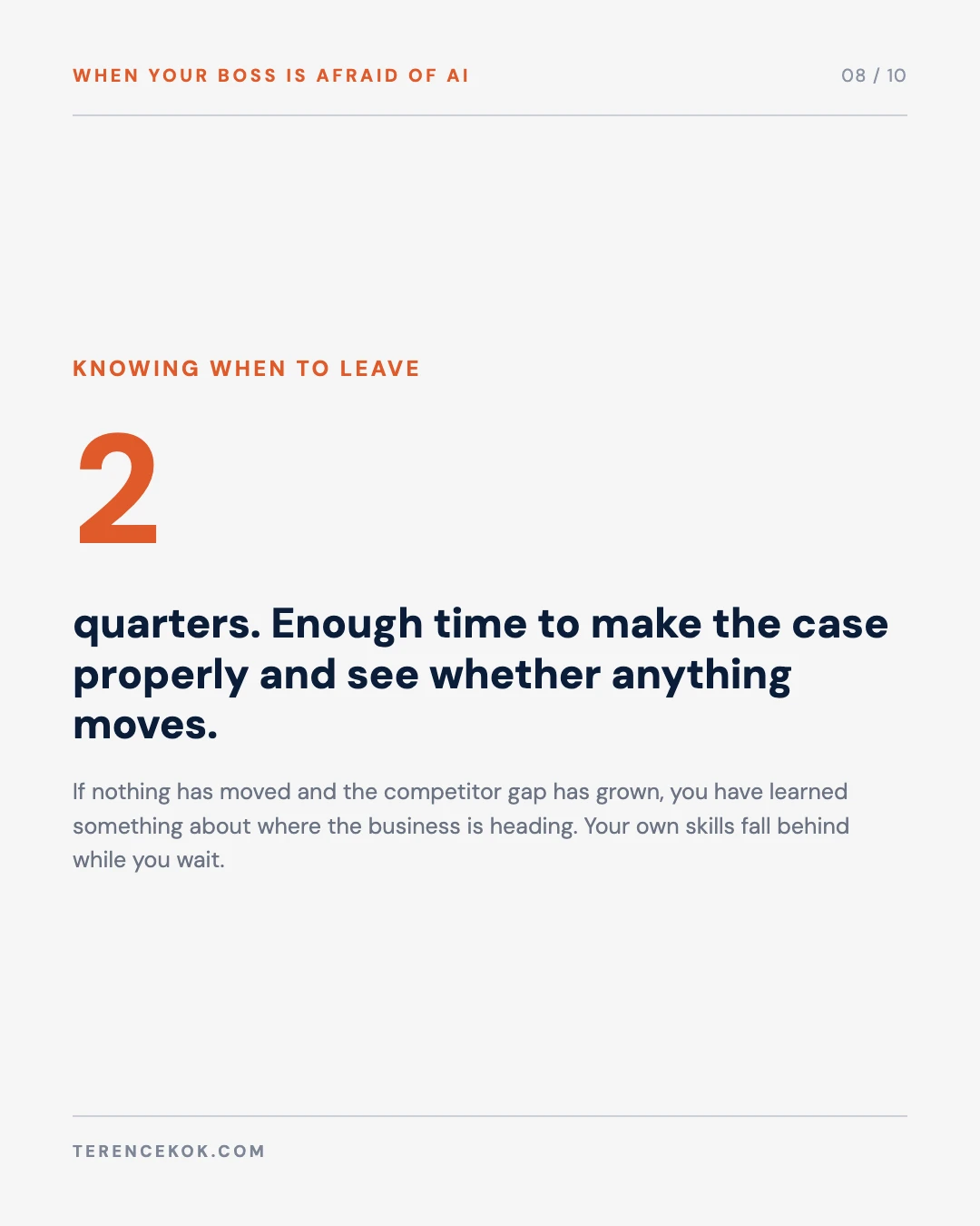 Carousel slide 8: two quarters, the window for deciding whether anything will move