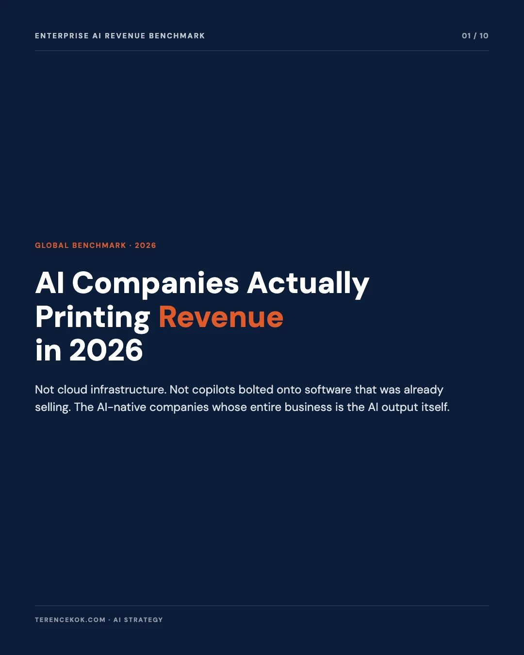 Carousel slide 1: cover, AI companies actually printing revenue in 2026