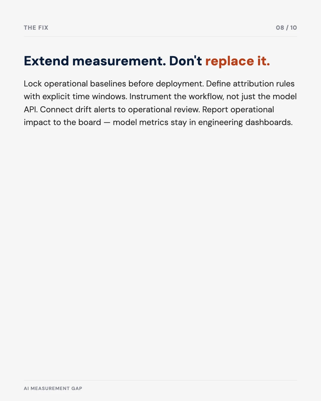Carousel slide 8: the fix — extend measurement, don't replace it