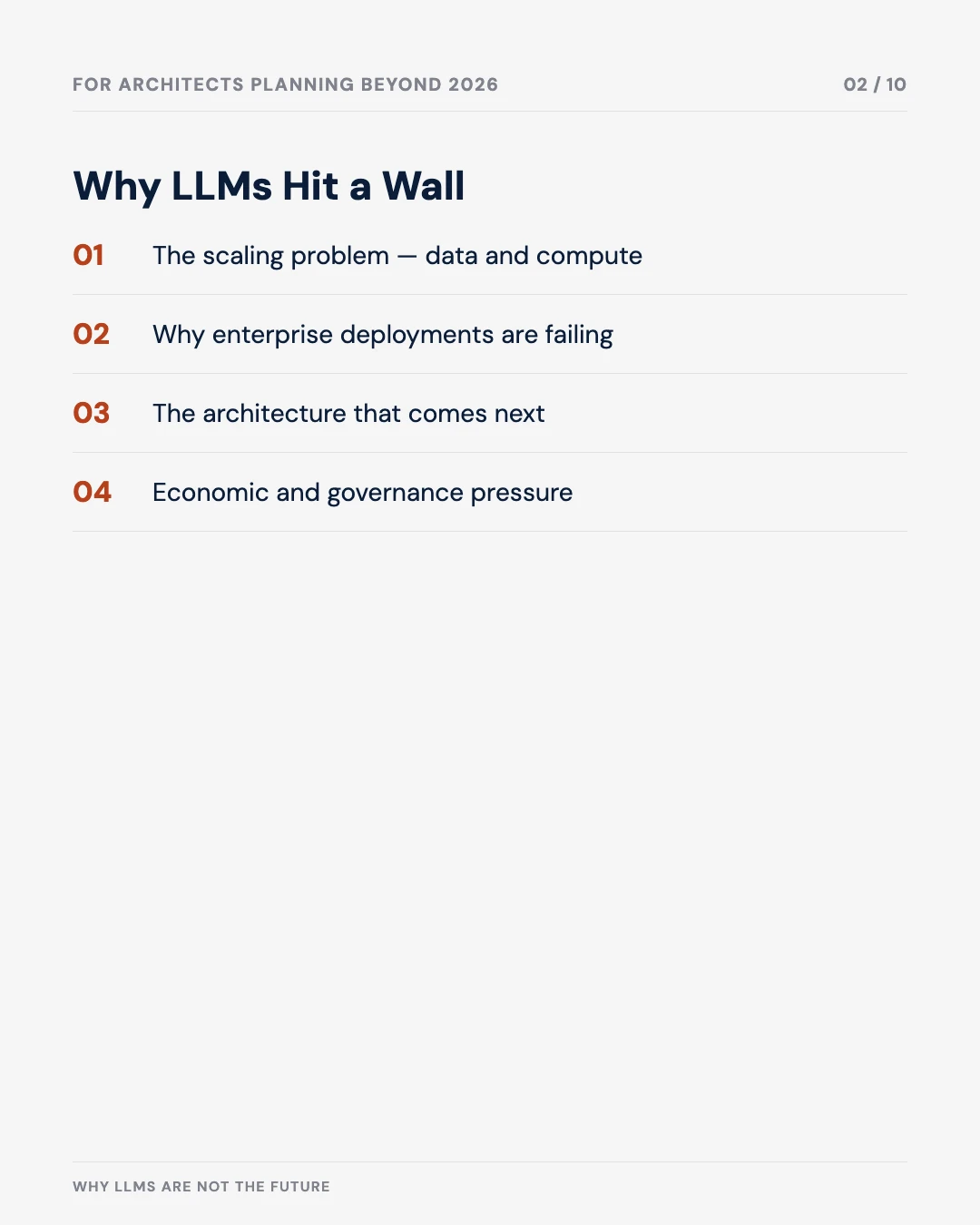 Carousel slide 2: why LLMs hit a wall — scaling, enterprise failure, next architecture, economic pressure