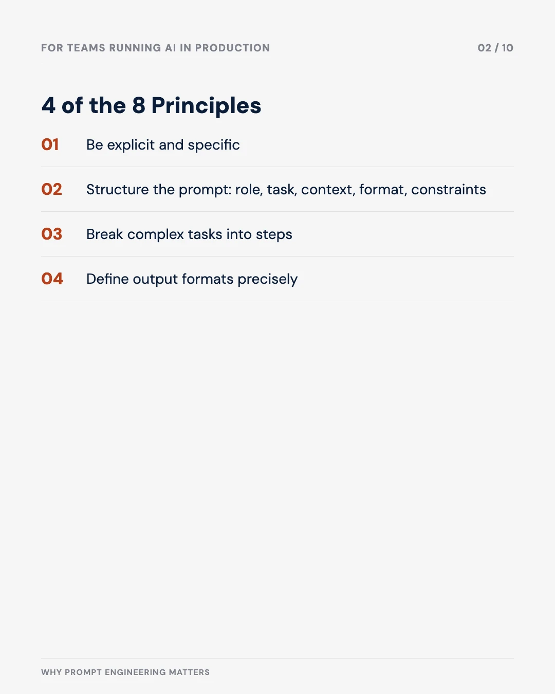 Carousel slide 2: four of the eight principles — be explicit, structure the prompt, break into steps, define output formats