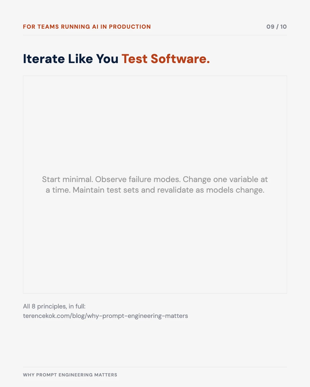 Carousel slide 9: iterate like you test software — start minimal, observe failure modes, revalidate