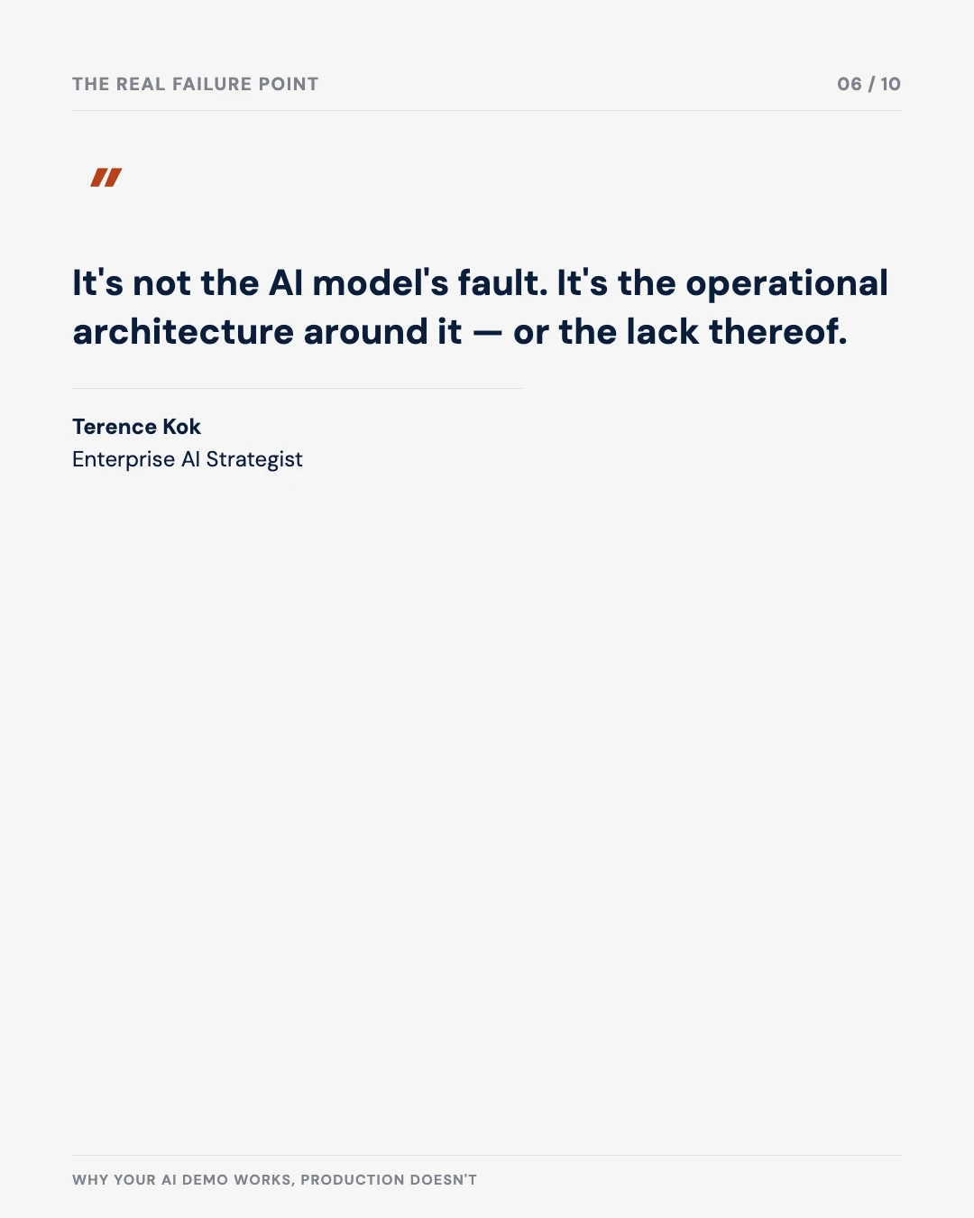 Carousel slide 6: quote — it's not the AI model's fault, it's the operational architecture around it