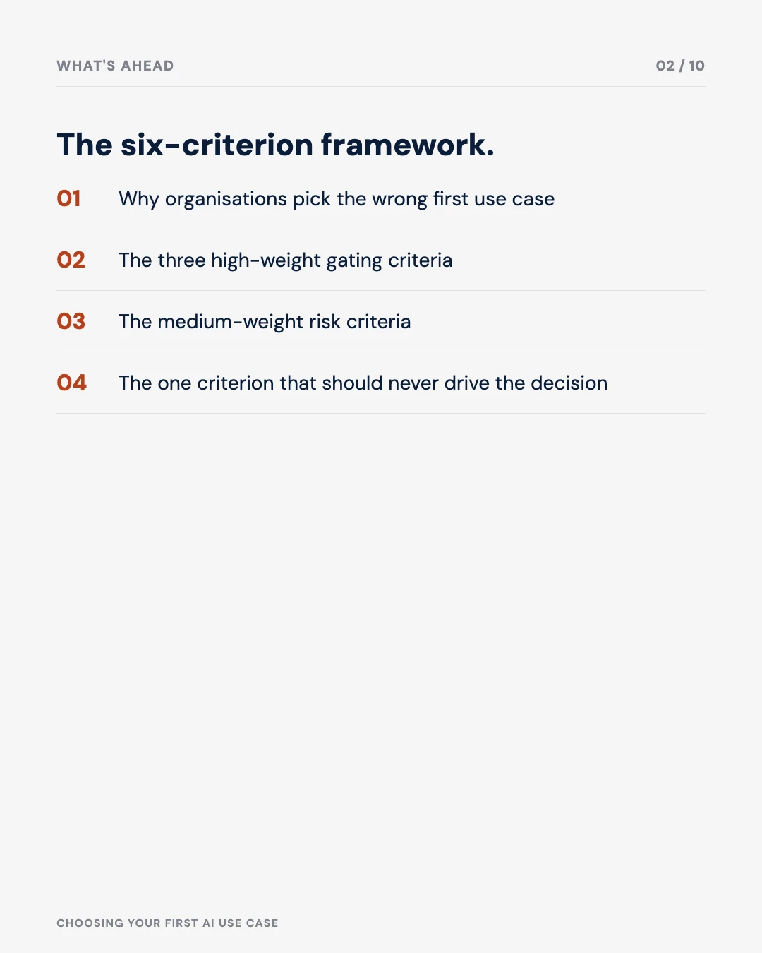 Carousel slide 2: agenda — the six-criterion framework