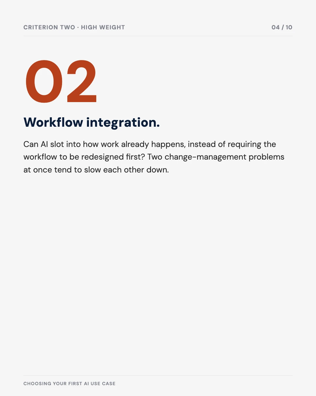 Carousel slide 4: criterion two, high weight — workflow integration