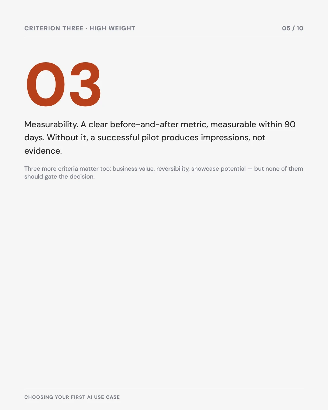 Carousel slide 5: criterion three, high weight — measurability