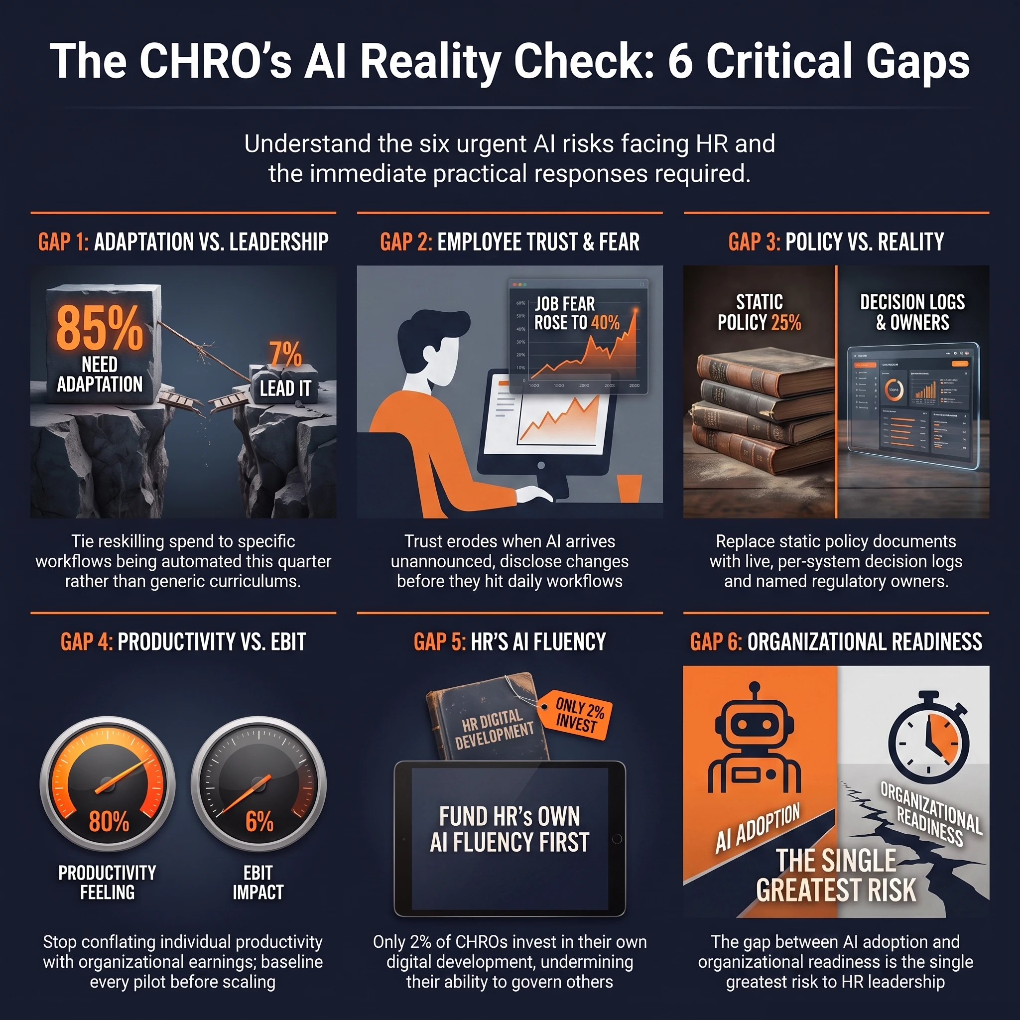 The CHRO's AI Reality Check infographic, summarizing six gaps: adaptation versus leadership at 85 percent versus 7 percent, employee trust and fear with job-loss concern at 40 percent, policy versus reality with only 25 percent of policies seen as future-proof, productivity feeling at 80 percent versus 6 percent EBIT impact, HR's own AI fluency with only 2 percent of CHROs investing in it, and the gap between AI adoption and organizational readiness as the single greatest risk