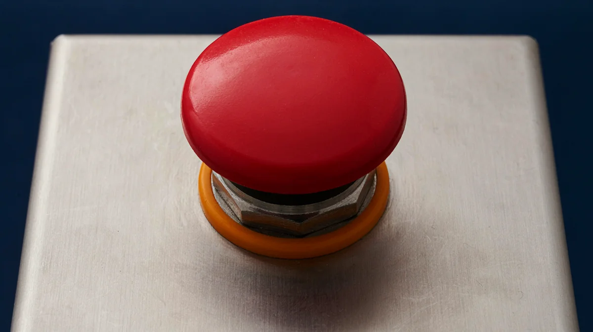 A red emergency stop button embedded in a brushed steel panel, representing the human oversight and guardrails that stop an agent before it takes a risky action alone