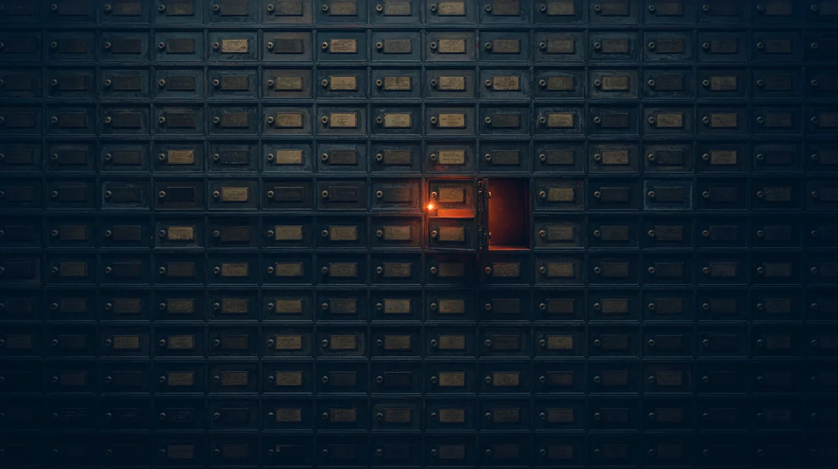 A wall of vintage numbered archive safety-deposit boxes, one small door open with a warm glow inside, representing an agent's memory of past steps and company documents