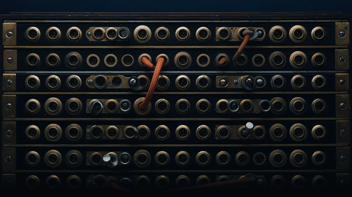 A vintage brass switchboard patch panel with many rows of jack sockets, a single orange patch cable looping between two of them while the rest sit empty, representing the orchestration layer that coordinates multiple agents or steps toward one outcome