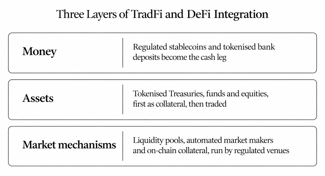 Three layers of TradFi and DeFi integration. Money: regulated stablecoins and tokenised bank deposits become the cash leg. Assets: tokenised Treasuries, funds and equities, first as collateral, then traded. Market mechanisms: liquidity pools, automated market makers and on-chain collateral, run by regulated venues.